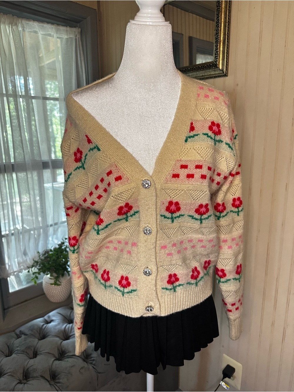 LovLov Floral Cardigan Sweater Medium Cottagecore Grandpa Coquette Jeweled